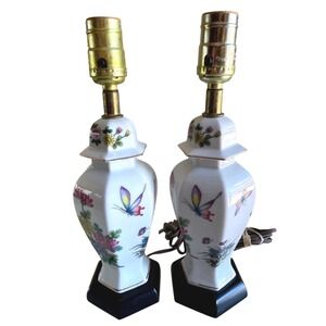 Vintage Japan Porcelain Butterfly Ginger Jar Table Lamps Pair Chinoiserie Floral